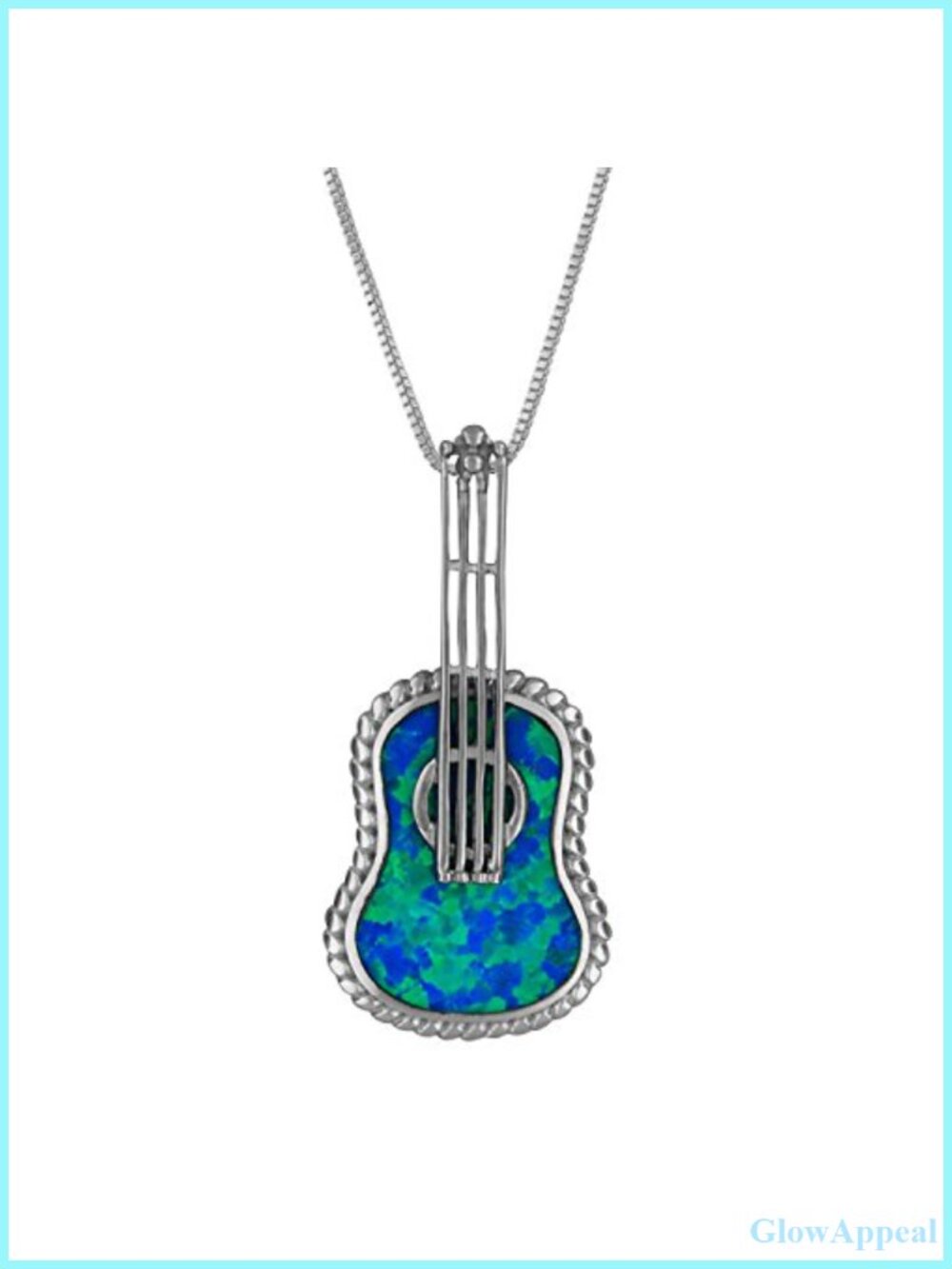Sterling Silver Synthetic Blue Opal Ukulele Pendant Necklace 16+2" Extender